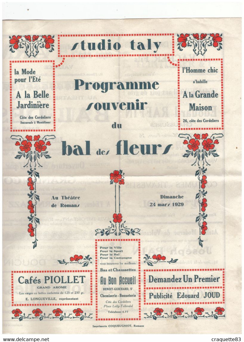 PROGRAMME SOUVENIR DU BAL DES FLEURS -THEATRE DE ROMANS  DIMANCHE 24 MARS 1929 - - Programme