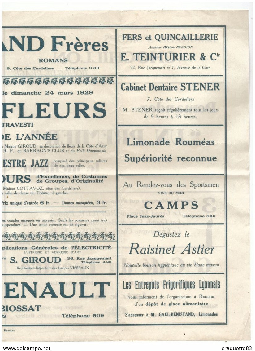 PROGRAMME SOUVENIR DU BAL DES FLEURS -THEATRE DE ROMANS  DIMANCHE 24 MARS 1929 - - Programme