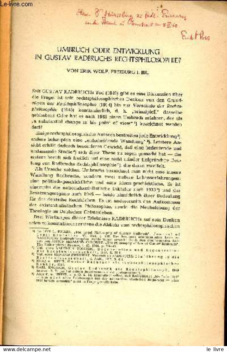 Tiré à Part Archiv Für Rechts- Und Sozialphilosophie XLV/4 1959 - Umbruch Oder Entwicklung In Gustav Radbruchs Rechtsphi - Sonstige & Ohne Zuordnung