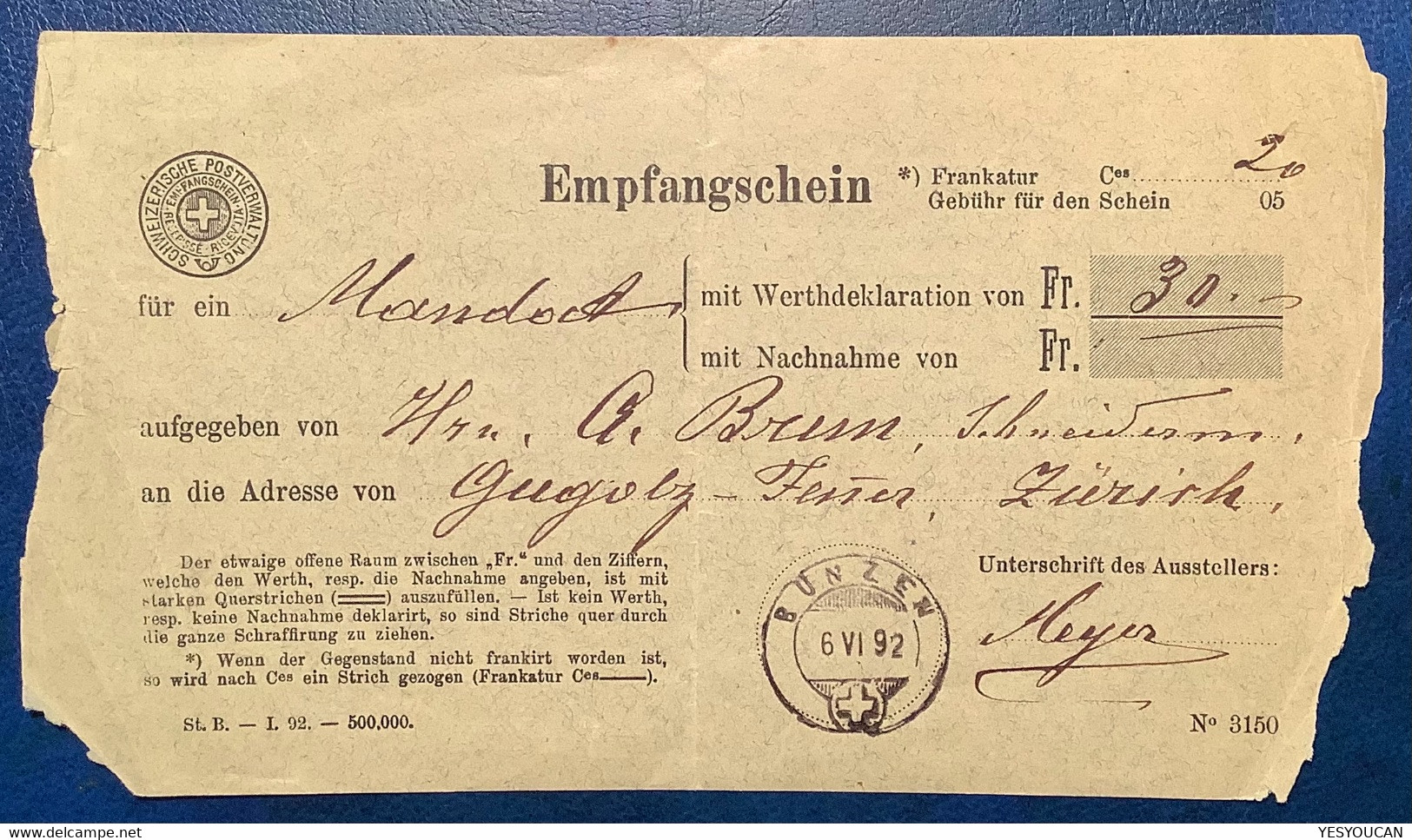 BÜNZEN 1892 AG Auf EMPFANGSCHEIN Für Ein Mandat Von 30 Fr Nach Zürich  (Schweiz Suisse Brief Money Order Mandat Postal - Covers & Documents