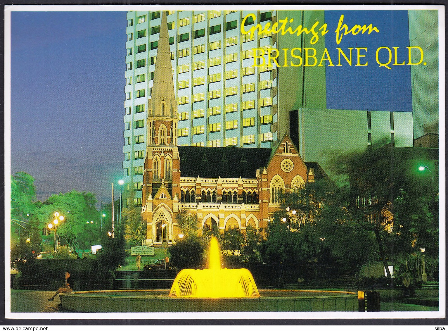 Australia Brisbane 1986 / Methodist Church From King George Square At Dusk, Fountain / Greetings - Brisbane