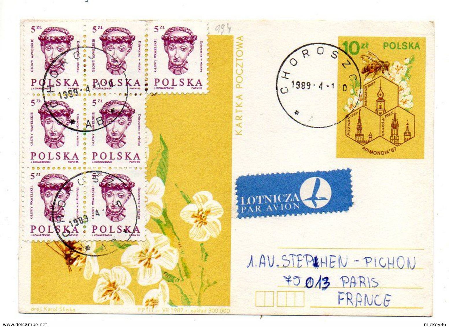 Pologne--1989 - Entier CP  Fleur -cachet  CHOROSZO ...complément En Timbres --destiné à Paris (France) - Postwaardestukken