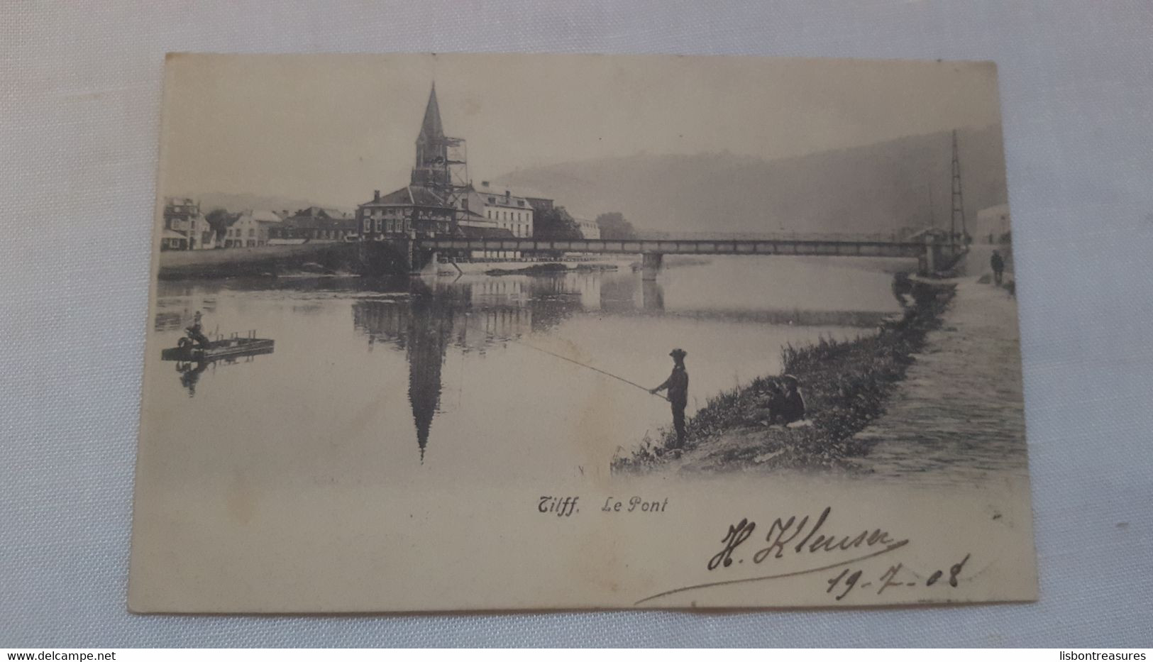 RARE ANTIQUE POSTCARD BELGIUM TILFF - LE PONT W/ FISHERMAN USED 1908 - Esneux