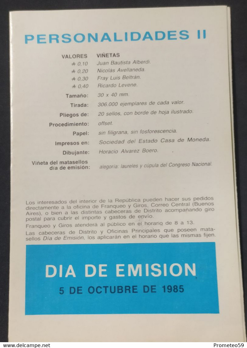 Volante Día De Emisión – Temas: Personalidad II – 5/10/1985 – Argentina - Markenheftchen
