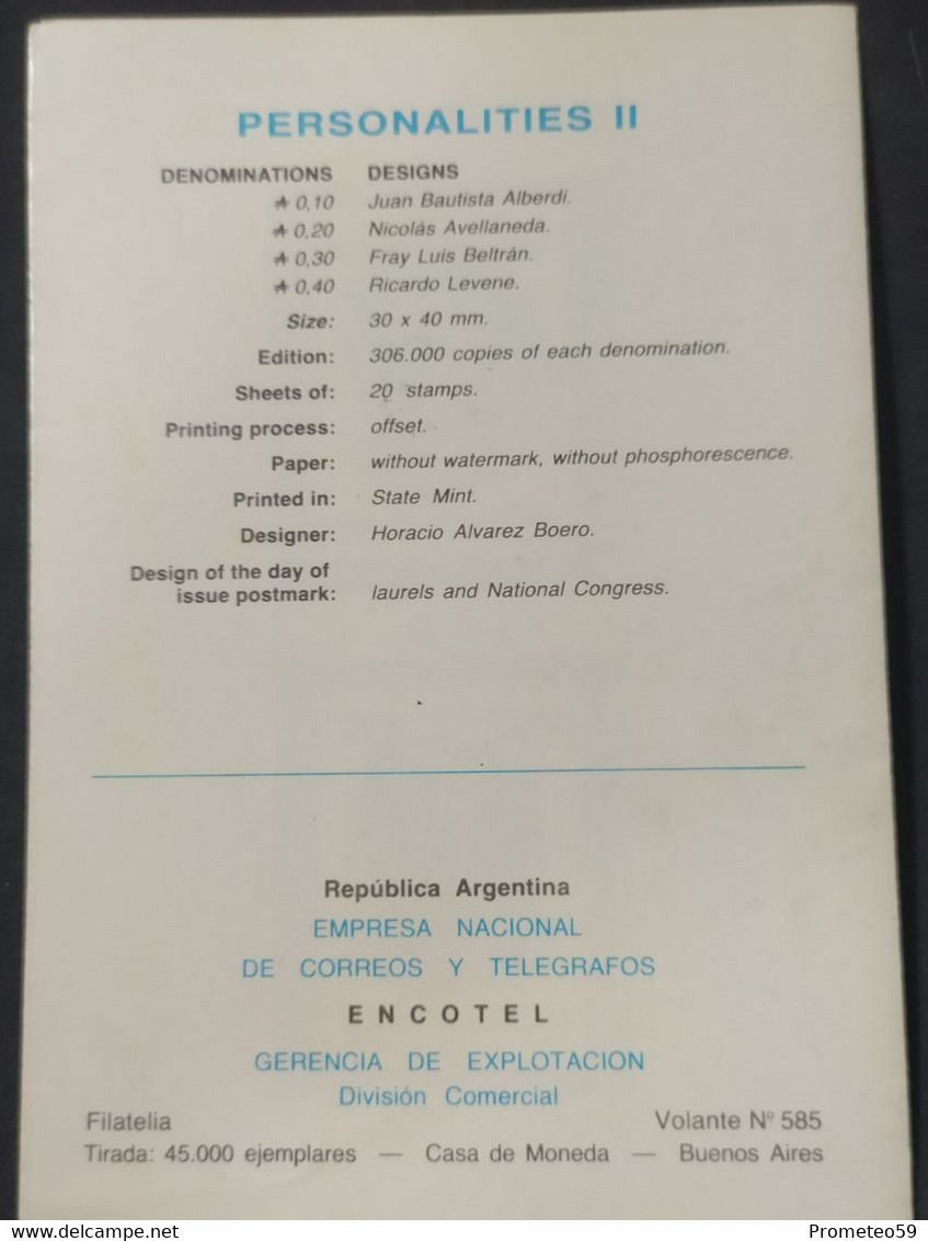 Volante Día De Emisión – Temas: Personalidad II – 5/10/1985 – Argentina - Booklets