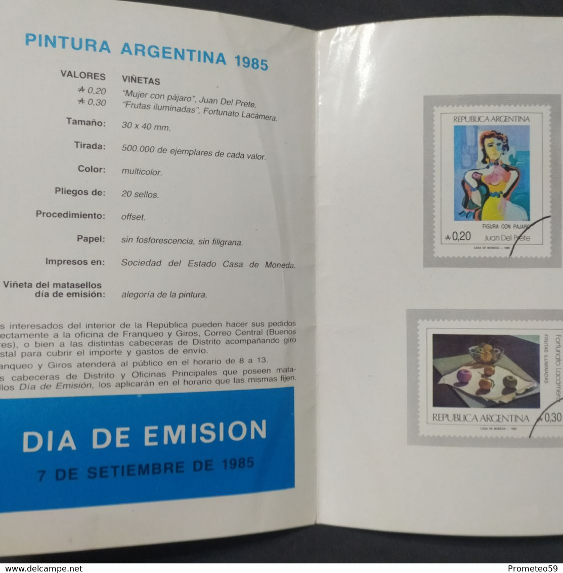 Volante Día De Emisión – Tema: Pintura Argentina 1985 – Encotel – Origen: Argentinas - Cuadernillos