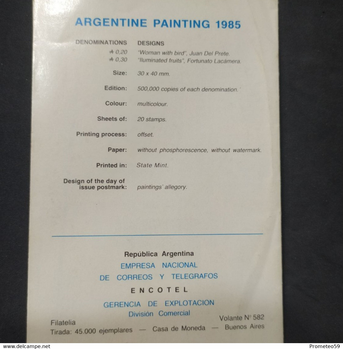 Volante Día De Emisión – Tema: Pintura Argentina 1985 – Encotel – Origen: Argentinas - Cuadernillos