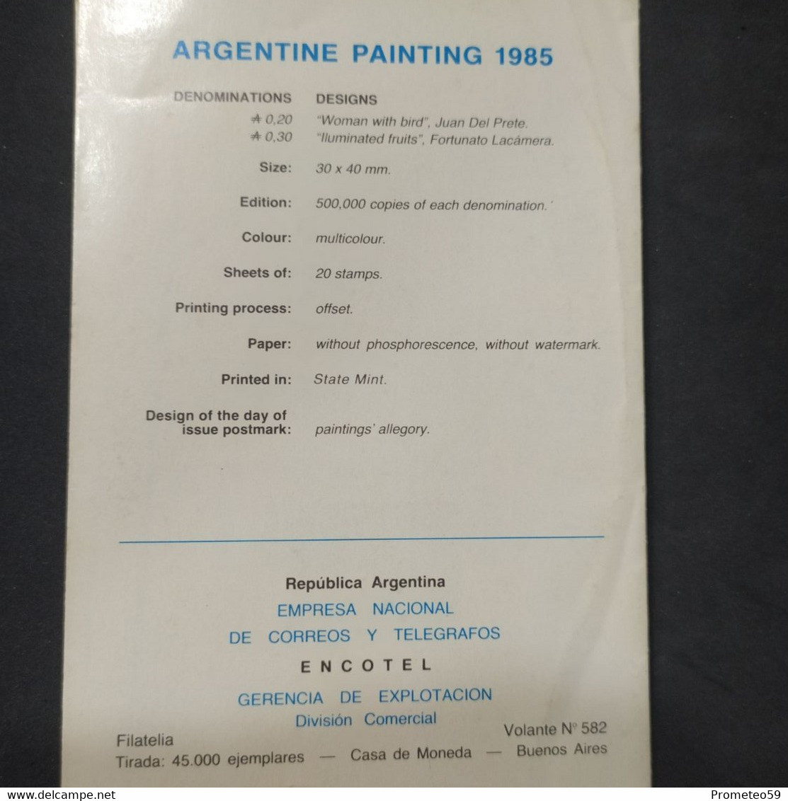 Volante Día De Emisión – Tema: Pintura Argentina 1985 – Encotel – Origen: Argentinas - Carnets