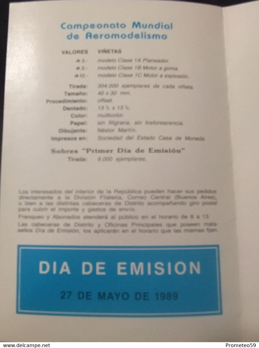 Volante Día De Emisión – 27/5/1989 – Campeonato Mundial De Aeromodelismo – Origen: Argentina - Libretti