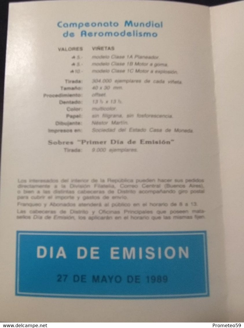 Volante Día De Emisión – 27/5/1989 – Campeonato Mundial De Aeromodelismo – Origen: Argentina - Markenheftchen