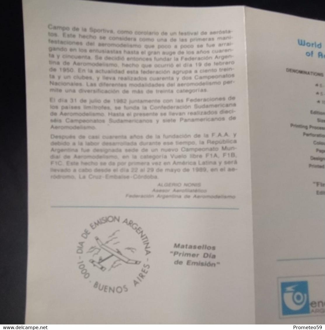 Volante Día De Emisión – 27/5/1989 – Campeonato Mundial De Aeromodelismo – Origen: Argentina - Booklets