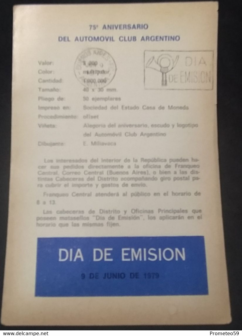 Volante Día De Emisión – 9/6/1979 – 75° Aniversario Del Automóvil Club Argentino - Carnets