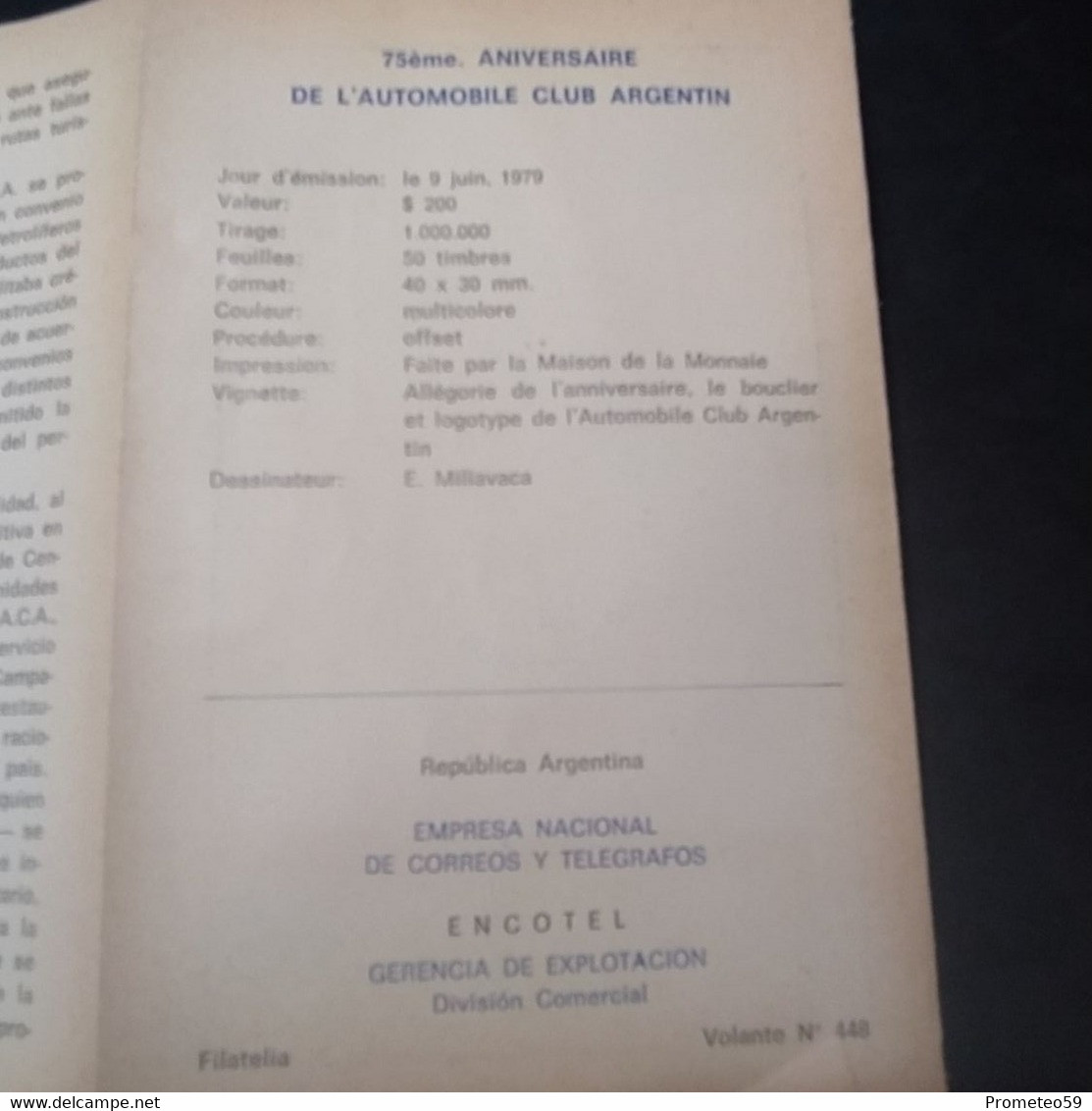 Volante Día De Emisión – 9/6/1979 – 75° Aniversario Del Automóvil Club Argentino - Markenheftchen