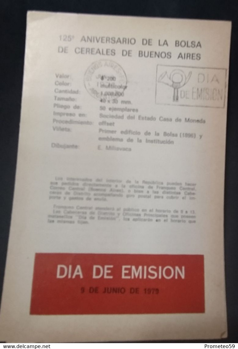 Volante Día De Emisión – 9/6/1979 – 125° Aniversario De La Bolsa De Cereales De Buenos Aires – Argentina - Postzegelboekjes