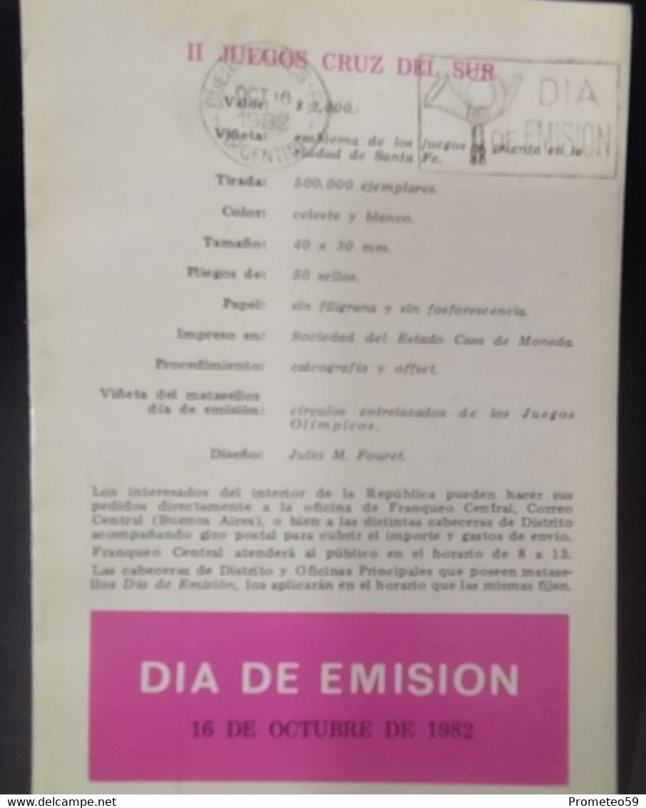 Volante Día De Emisión – 16/10/1982 – II Juegos Cruz Del Sur – Origen: Argentina - Markenheftchen