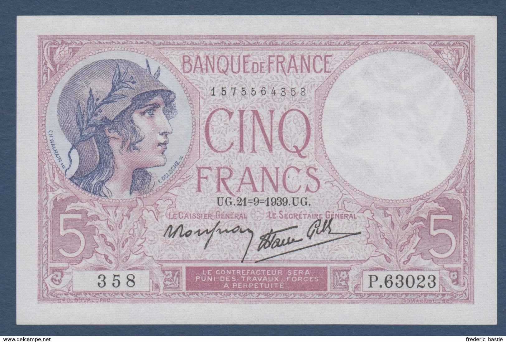 Billet 5 F  Violet  Du 21 - 9 - 1939 - 5 F 1917-1940 ''Violet''