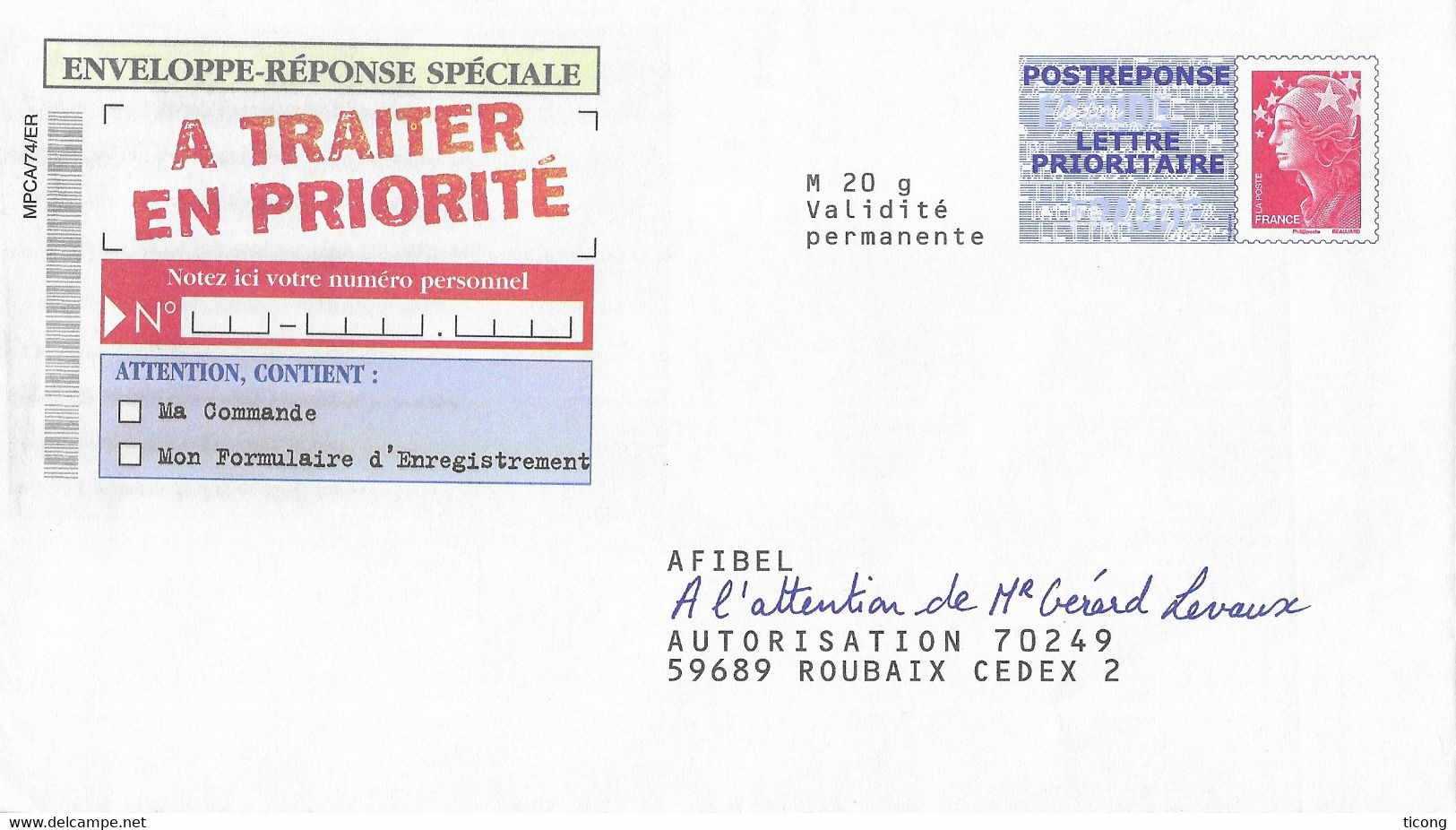 MARIANNE BEAUJARD  - PAP POSTREPONSE AFIBEL ROUBAIX NORD - REPONSE SPECIALE  A TRAITER EN PRIORITE ( NUMERO 11P068 ) - Listos Para Enviar: Respuesta /Beaujard