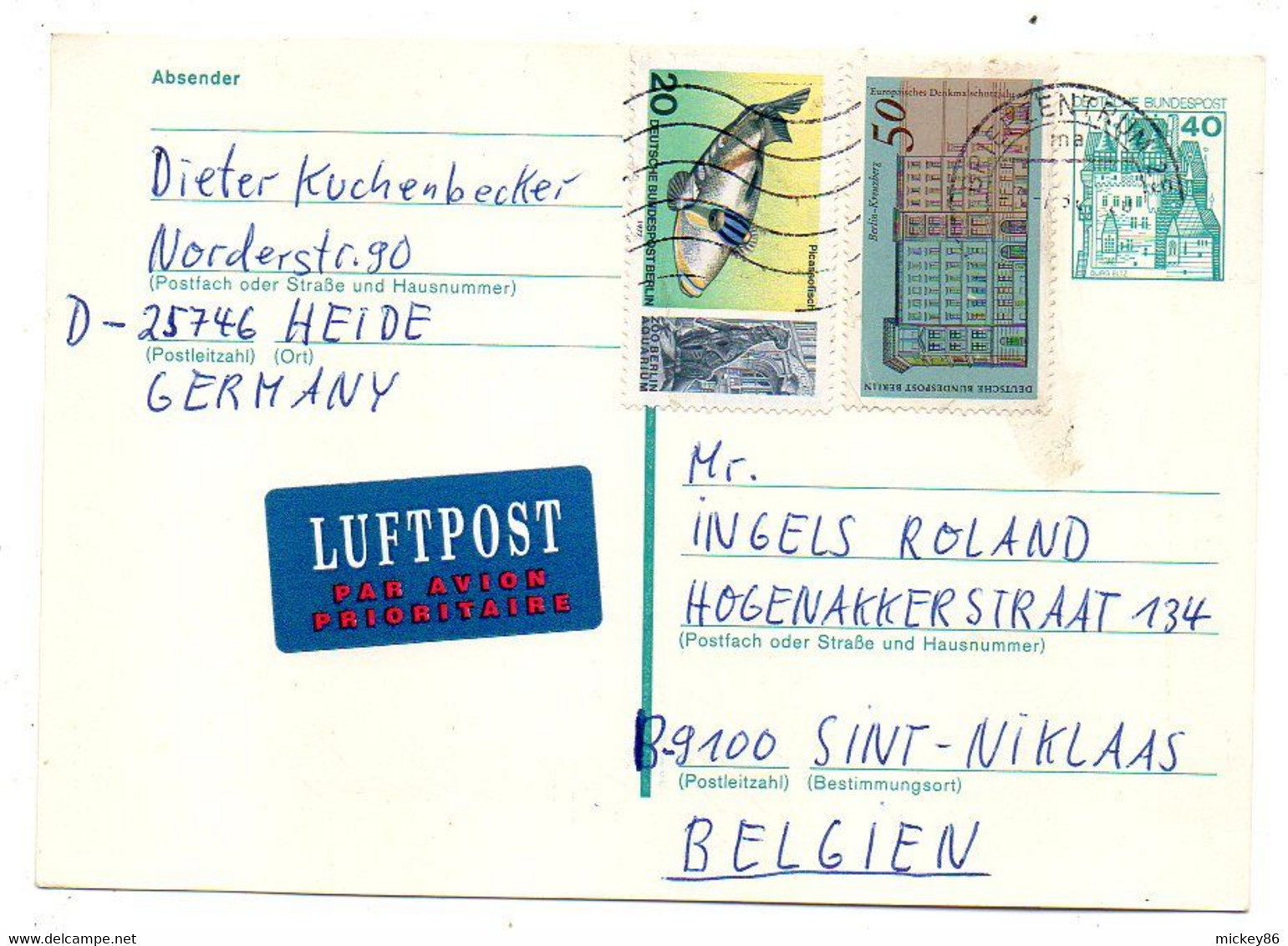 Allemagne--1998--entier Carte Postale De HEIDE Pour SINT NIKLAAS (Belgique) Avec Complément De Timbres - Postkarten - Gebraucht