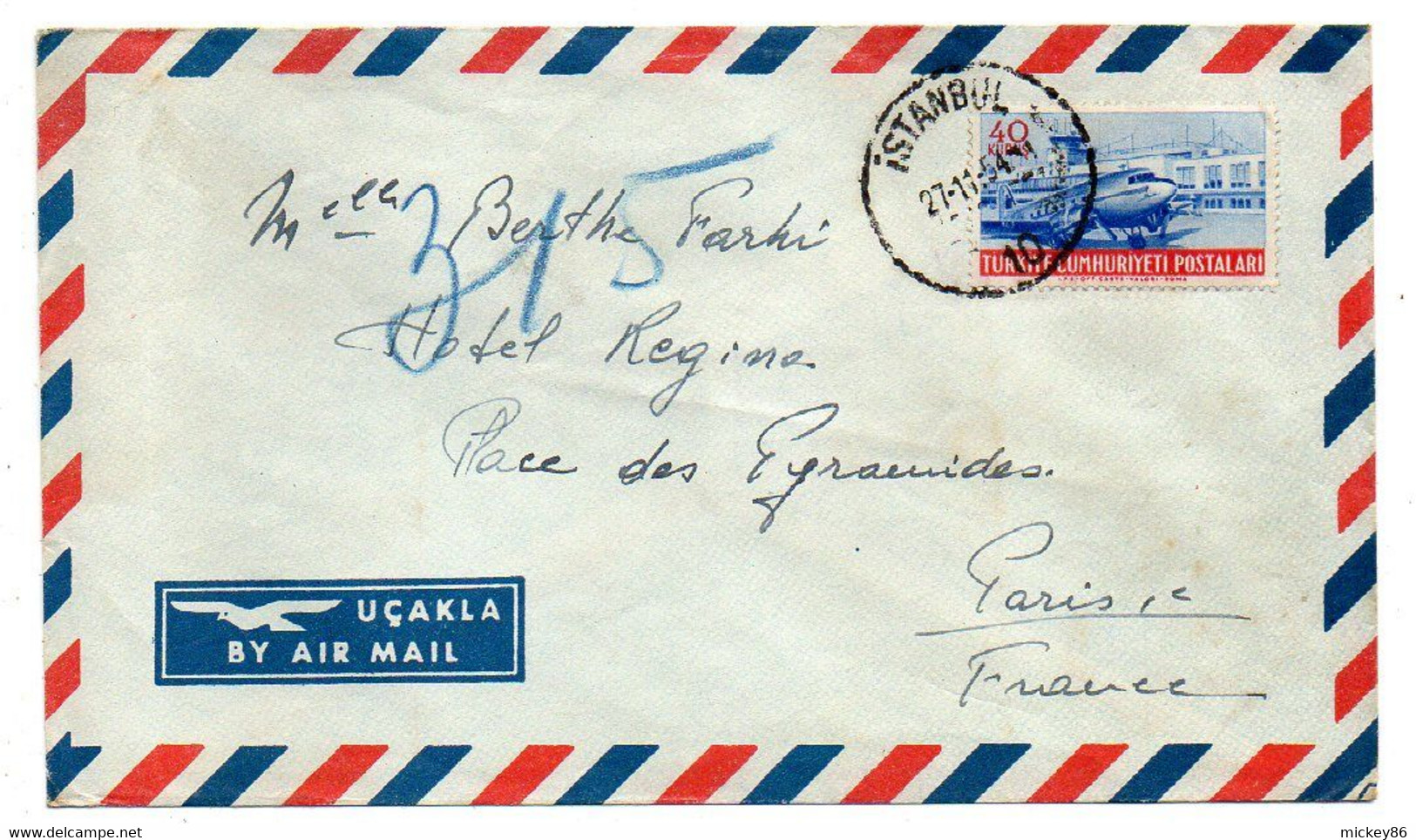 Turquie--1954--lettre ISTANBUL  Pour PARIS--75 (France) --timbre ( Avion)--cachet - 27-11-54 - Covers & Documents