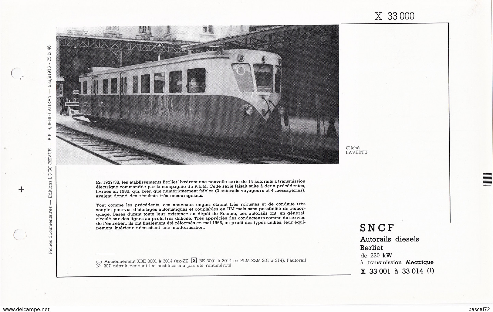 X 33000 FICHE DOCUMENTAIRE LOCO REVUE N° 535 AOÛT 1975 - French