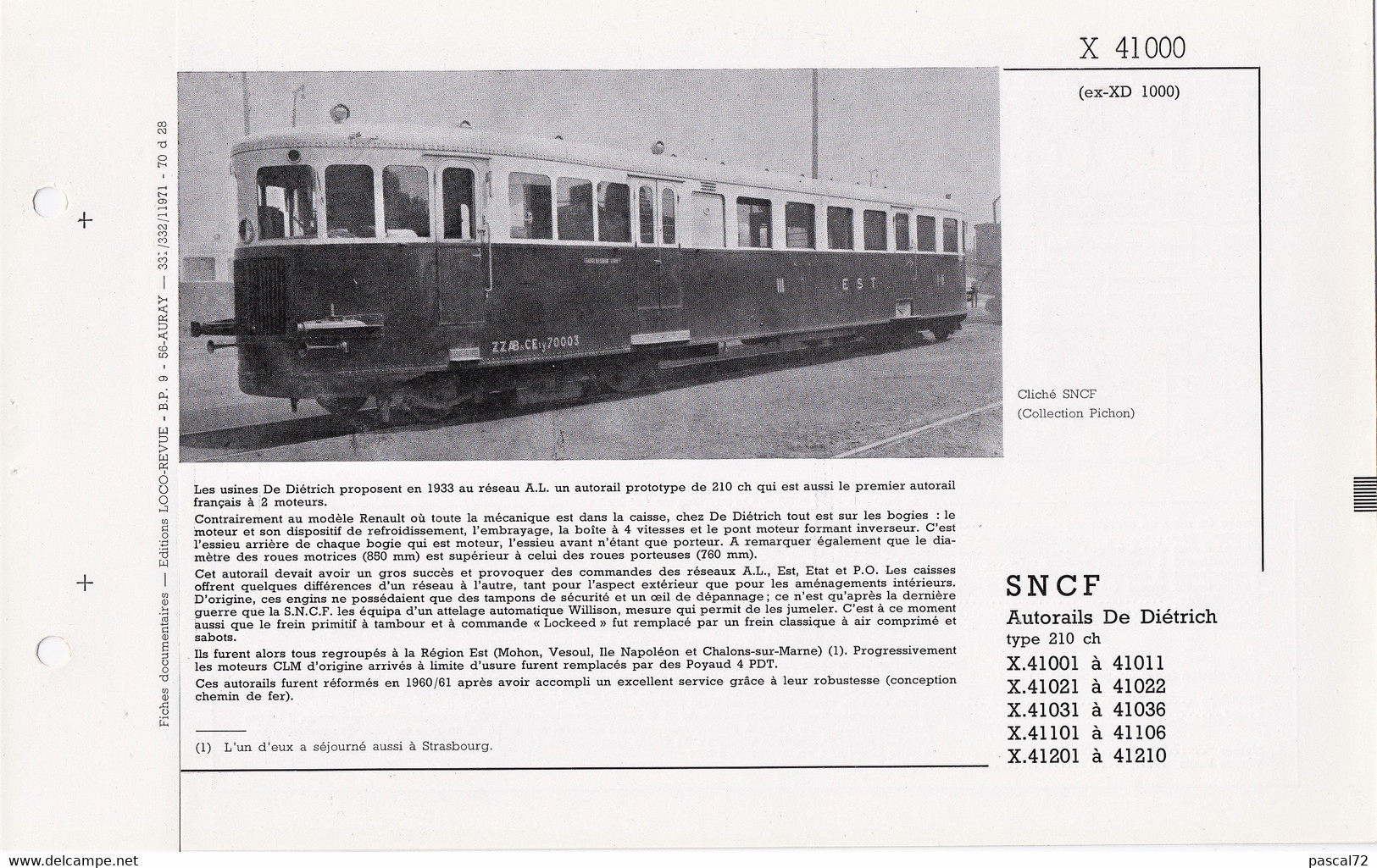 X 41000 FICHE DOCUMENTAIRE DOUBLE LOCO REVUE N° 331/332 JANVIER 1971 - Français