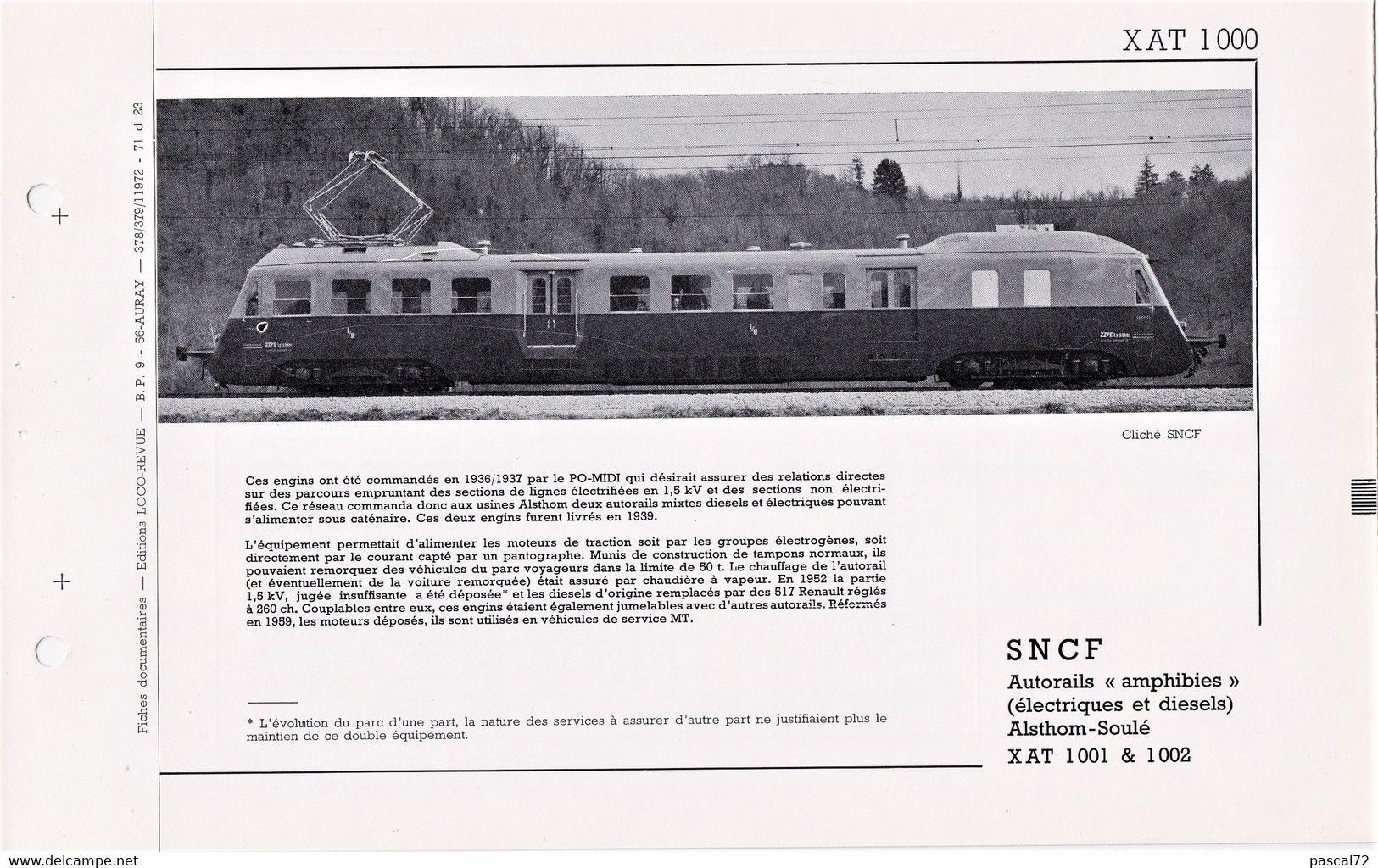 X AT 1000 FICHE DOCUMENTAIRE DOUBLE LOCO REVUE N° 378/379 JANVIER 1972 - Francés