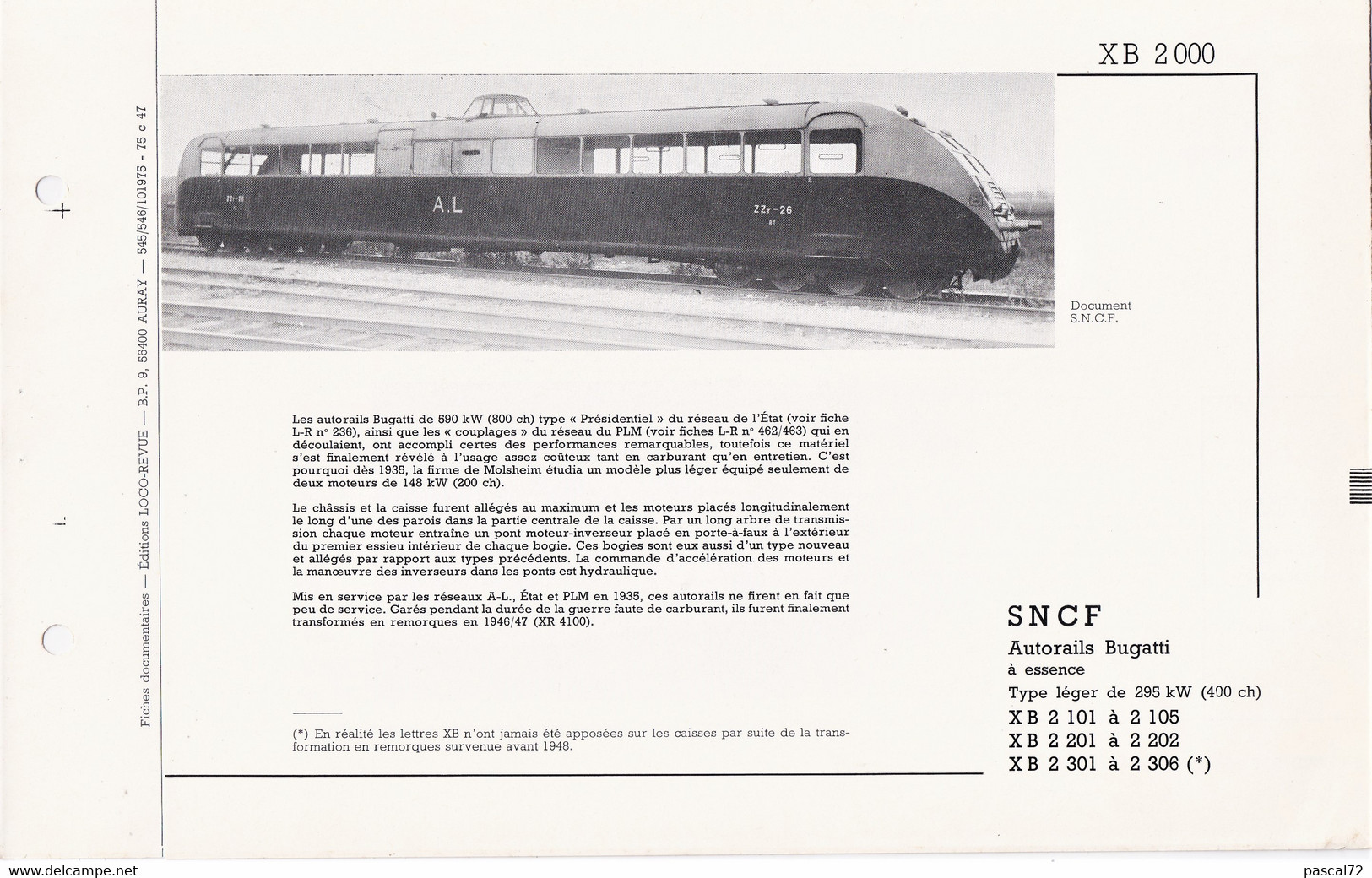 XB 2000 FICHE DOCUMENTAIRE DOUBLE LOCO REVUE N° 545/546 OCTOBRE 1975 - Francés