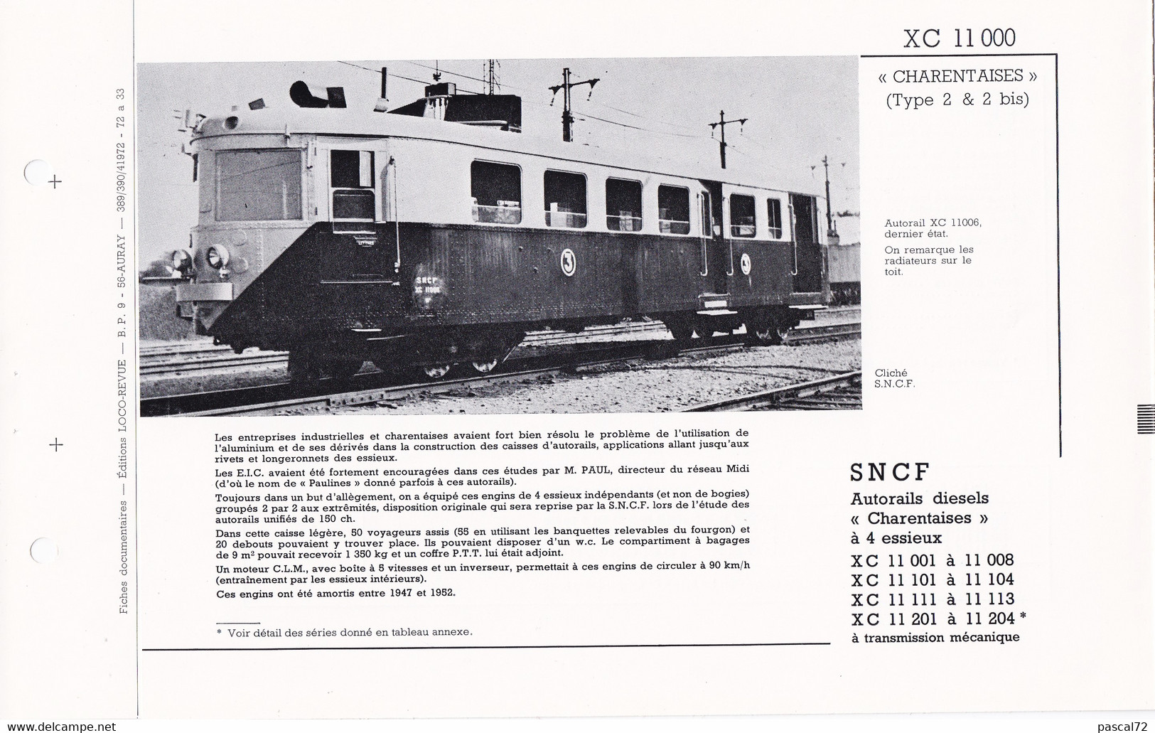 XC 11000 FICHE DOCUMENTAIRE DOUBLE LOCO REVUE N° 389/390 AVRIL 1972 - Francese