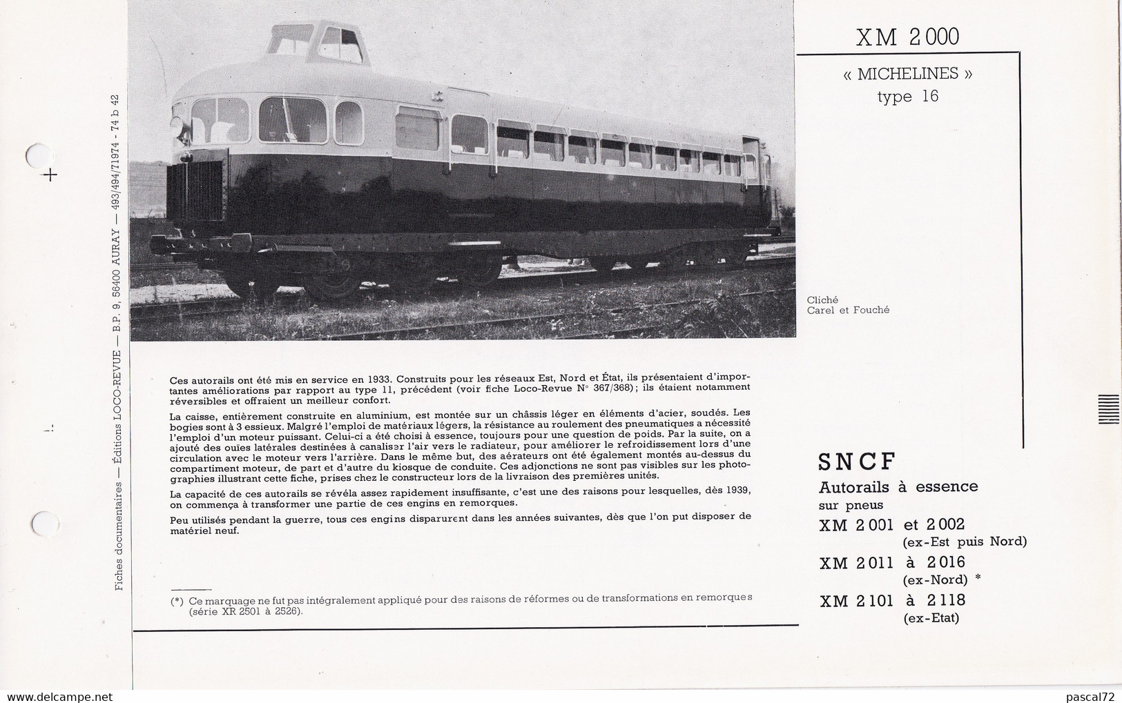 XM 2000 FICHE DOCUMENTAIRE DOUBLE LOCO REVUE N° 493/494 JUILLET 1974 - Francese