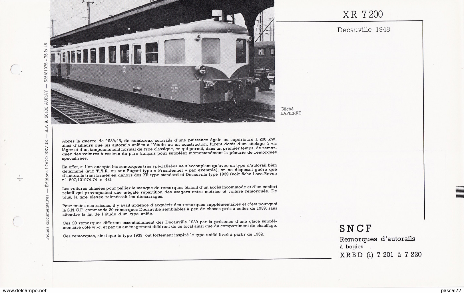 XR 7200 FICHE DOCUMENTAIRE LOCO REVUE N° 536 AOÛT 1975 - Français