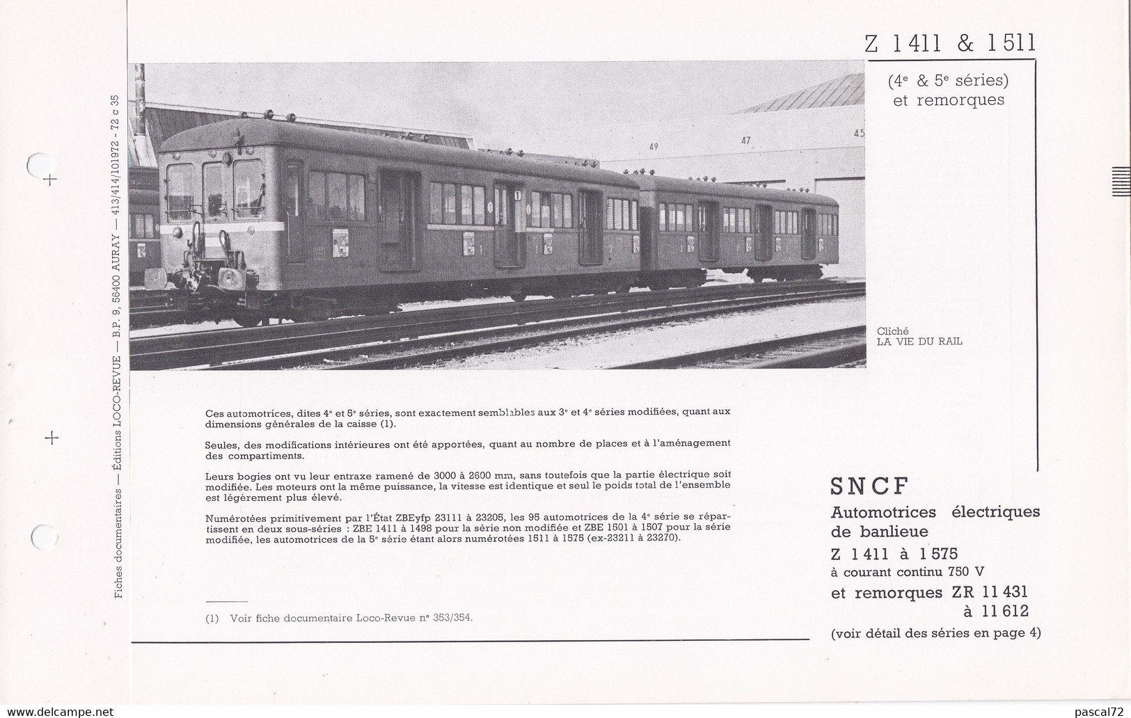 Z 1411 & 1511 FICHE DOCUMENTAIRE DOUBLE LOCO REVUE N° 413/414 OCTOBRE 1972 - Francese