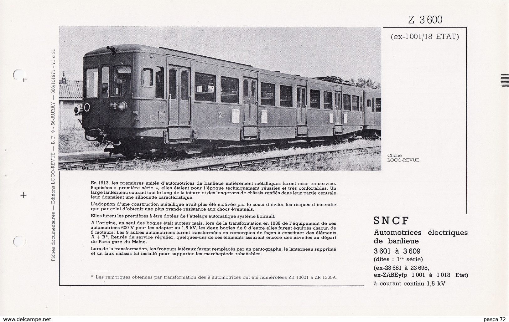 Z 3600 FICHE DOCUMENTAIRE LOCO REVUE N° 258 JUIN 1969 - Frans