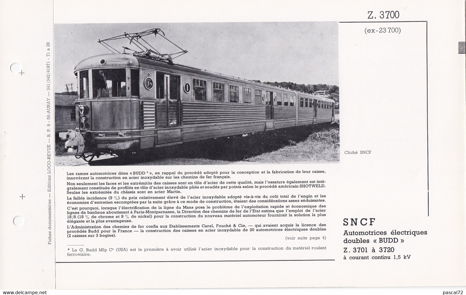 Z 3700 FICHE DOCUMENTAIRE DOUBLE LOCO REVUE N° 341/342 AVRIL 1971 - Inglese