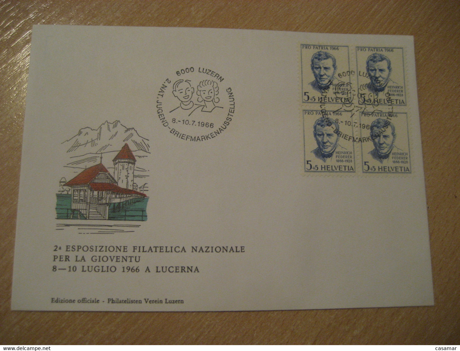 LUZERN 1966 Heinrich Federer Writer Stamp Jugend Briefmarken Child Cancel Bridge Water Tower Cover SWITZERLAND Lucerne - Ecrivains