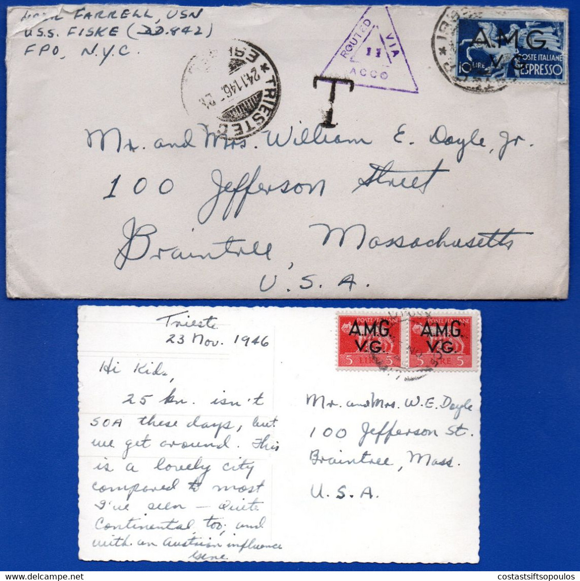 1333.ITALY.TRIEST. 1946 COVER(BADLY OPENED,STAMP DAMAGED) AND POSTCARD TO USA - Marcophilie