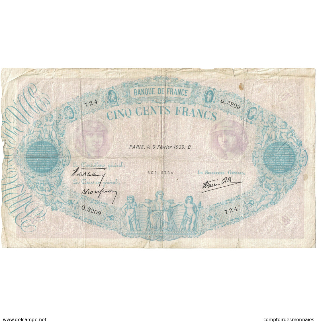 France, 500 Francs, 1939, Q.3209 724, TB, Fayette:31.25, KM:88c - 500 F 1888-1940 ''Bleu Et Rose''