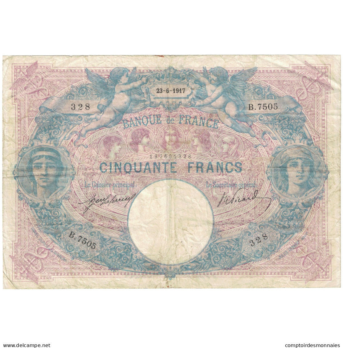 France, 50 Francs, 1917, B.7505 328, TB, Fayette:14.30, KM:64e - 50 F 1889-1927 ''Bleu Et Rose''