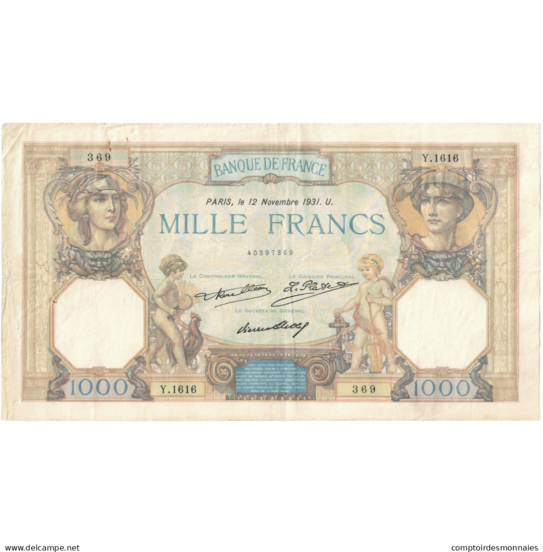 France, 1000 Francs, 1931, Y.1616 369, TTB, Fayette:37.06, KM:79b - 1 000 F 1927-1940 ''Cérès Et Mercure''