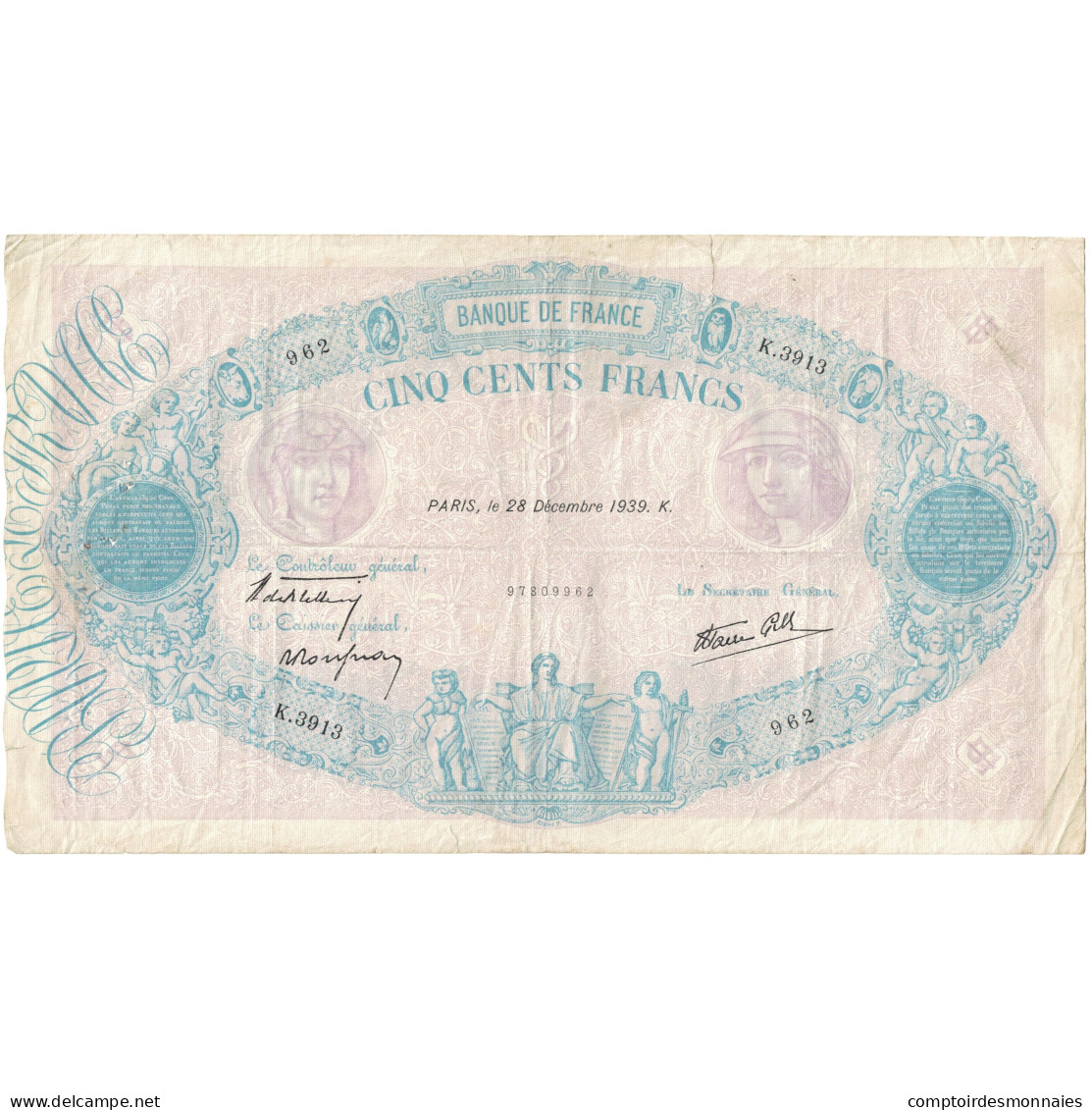 France, 500 Francs, 1939, K.3913 962, TB, Fayette:31.54, KM:88c - 500 F 1888-1940 ''Bleu Et Rose''