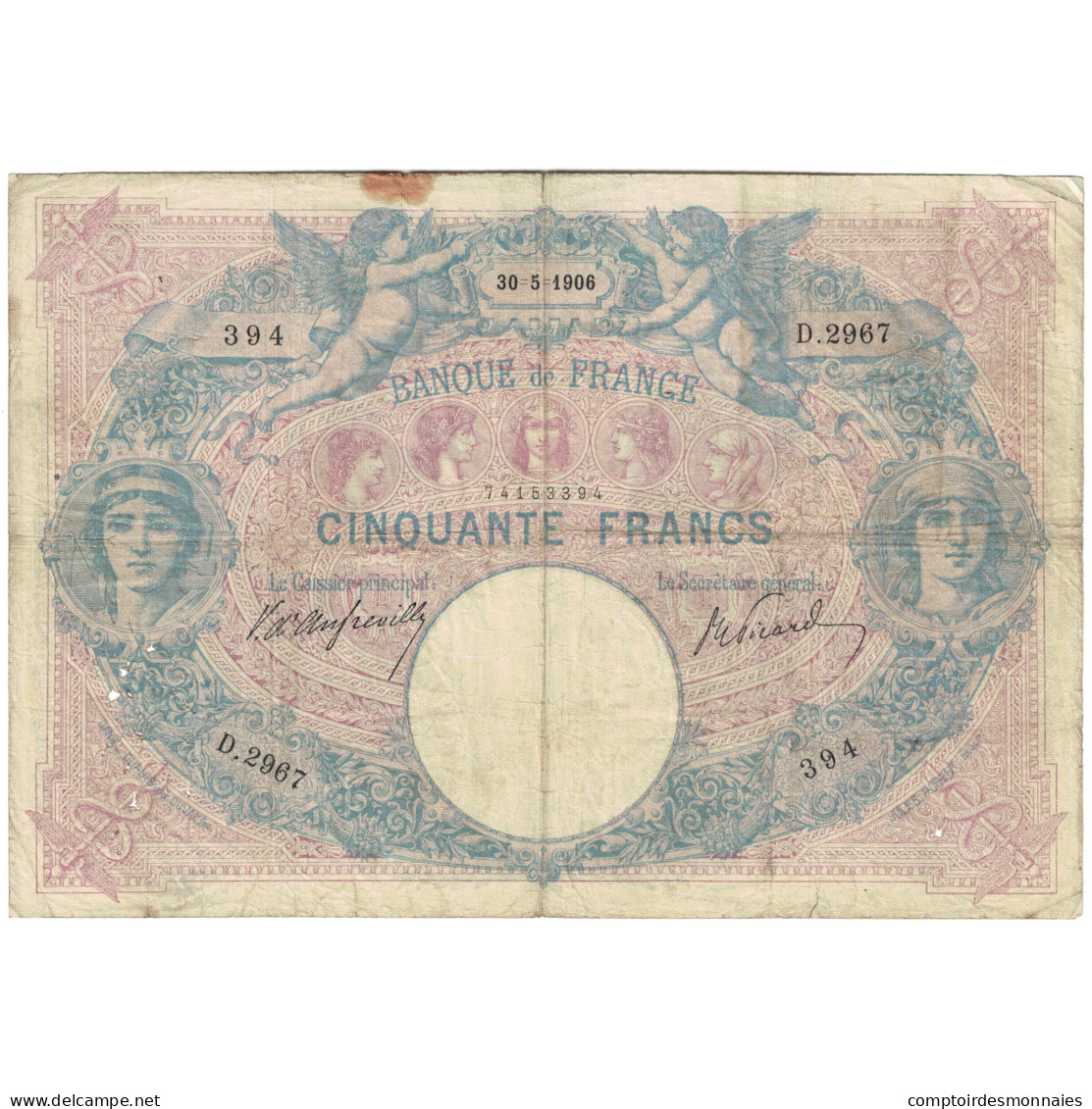 France, 50 Francs, 1906, D.2967 394, B, Fayette:14.18, KM:64d - 50 F 1889-1927 ''Bleu Et Rose''