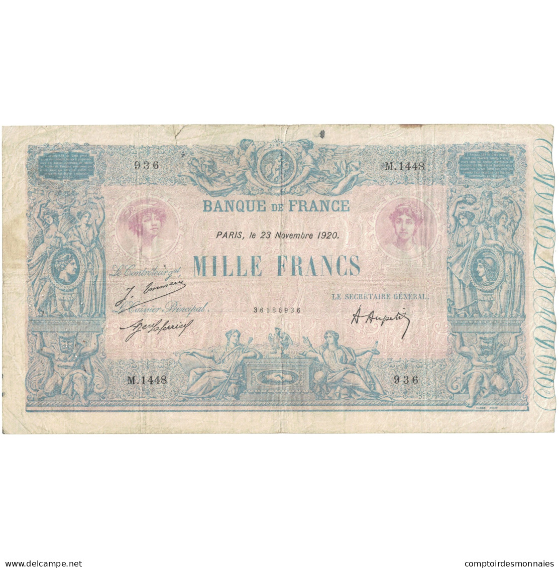 France, 1000 Francs, Bleu Et Rose, 1921, M.1448 936, TB, Fayette:36.36, KM:67i - 1 000 F 1889-1926 ''Bleu Et Rose''