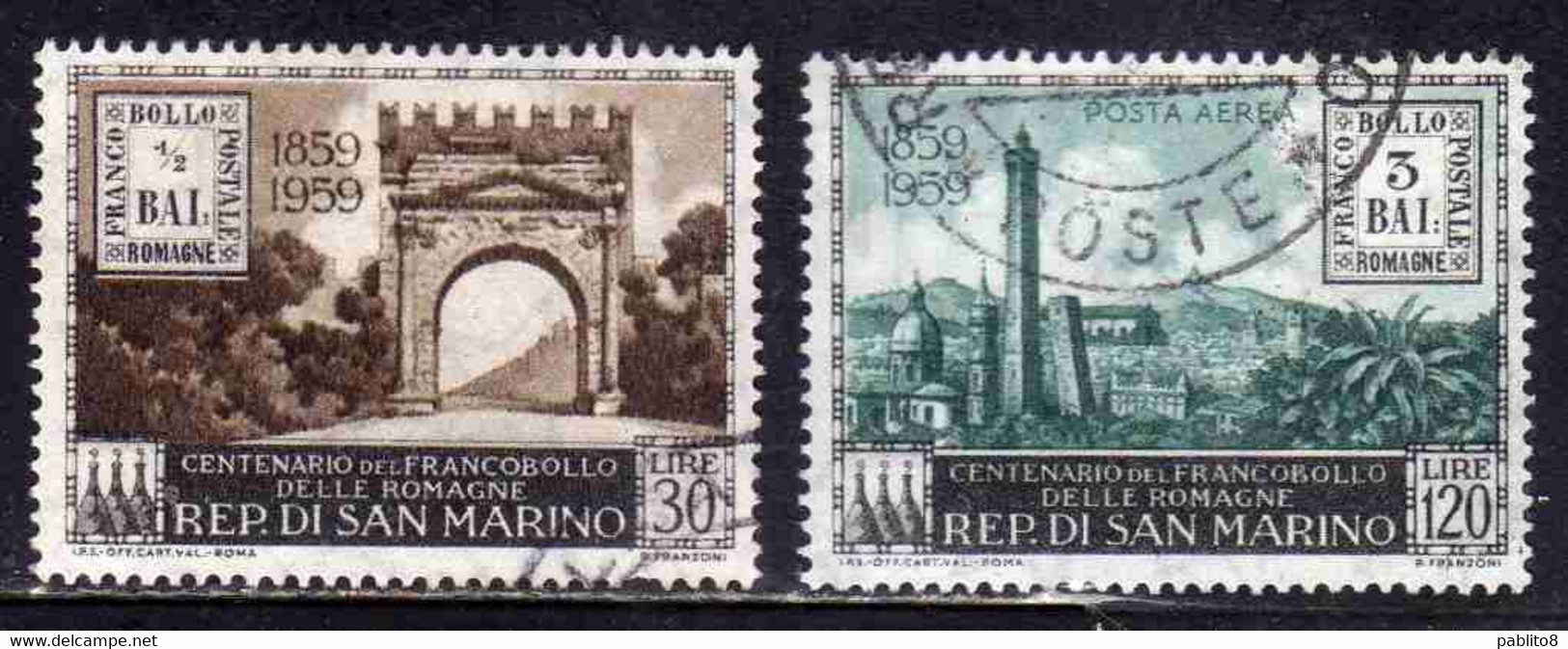 REPUBBLICA DI SAN MARINO 1959 CENTENARIO FRANCOBOLLI ROMAGNE SERIE COMPLETA USATA USED OBLITERE' - Oblitérés