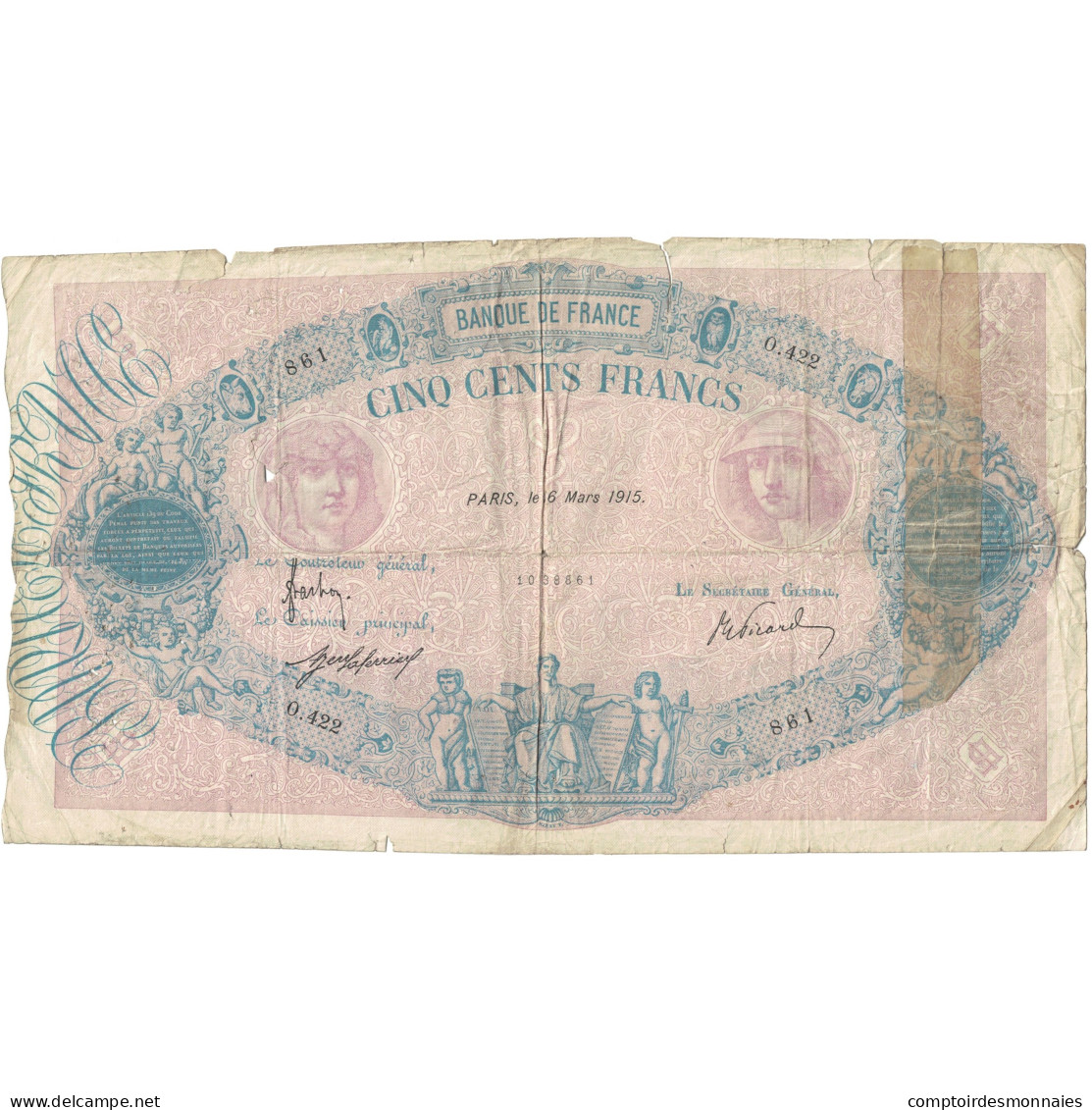 France, 500 Francs, 1915, O.422 861, B, Fayette:30.22, KM:66g - 500 F 1888-1940 ''Bleu Et Rose''