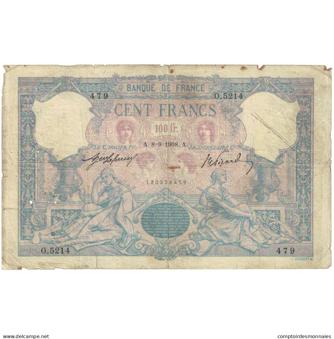 France, 100 Francs, 1908, O.5214 479, B, Fayette:21.23, KM:65e - 100 F 1888-1909 ''Bleu Et Rose''