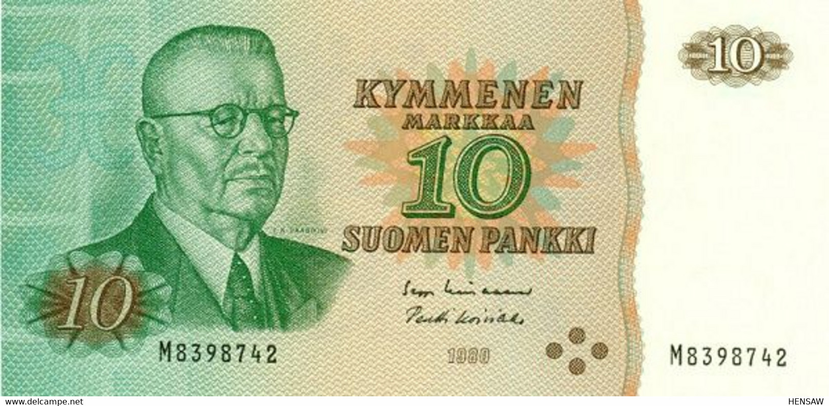 FINLAND 10 MARKKA 1980 P 111 AUNC SC- NUEVO- SIGNATURE Lindblom + Lehtinen RARE - Finlande