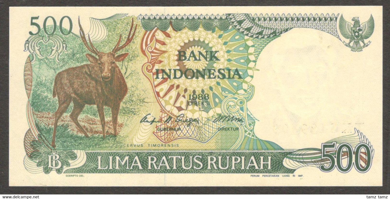 Indonesia 500 Rupiah Stag Deer Cervus Timorensis 1988 UNC - Indonésie