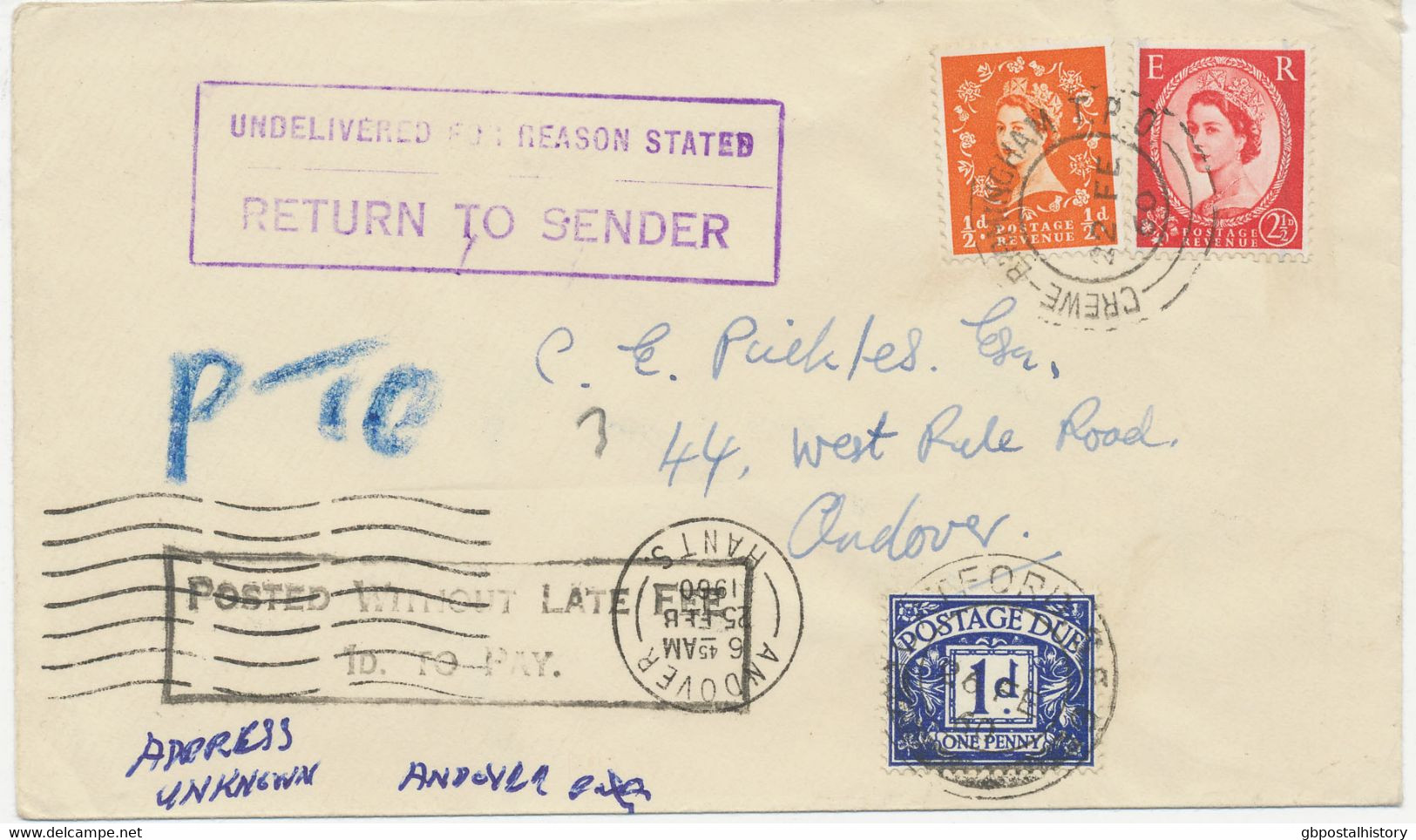 GB 1960 QEII 1/2d And 2 1/2d As Well As Postage Due 1d On Very Fine Rare Cover W. Railway-K2 "CREWE - BIRMINGHAM T.P.O." - Lettres & Documents