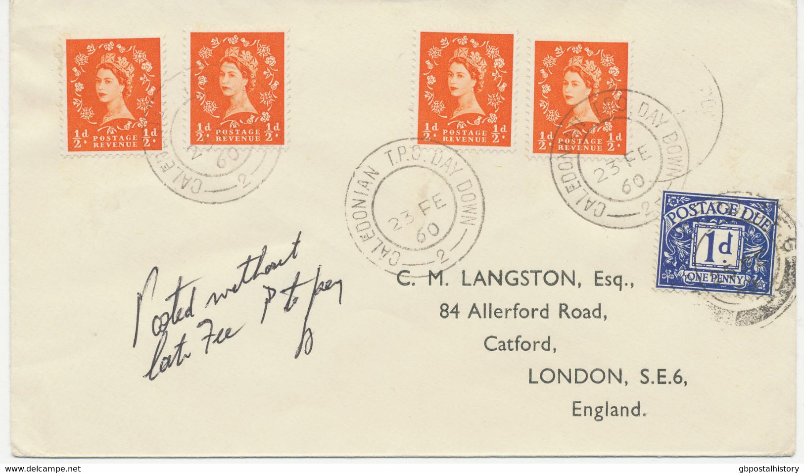 GB 1960, QEII 1/2d (4 X) As Well As Postage Due 1d On Very Fine Rare Cover With Railway-K2 "CALEDONIAN T.P.O. DAY DOWN / - Briefe U. Dokumente