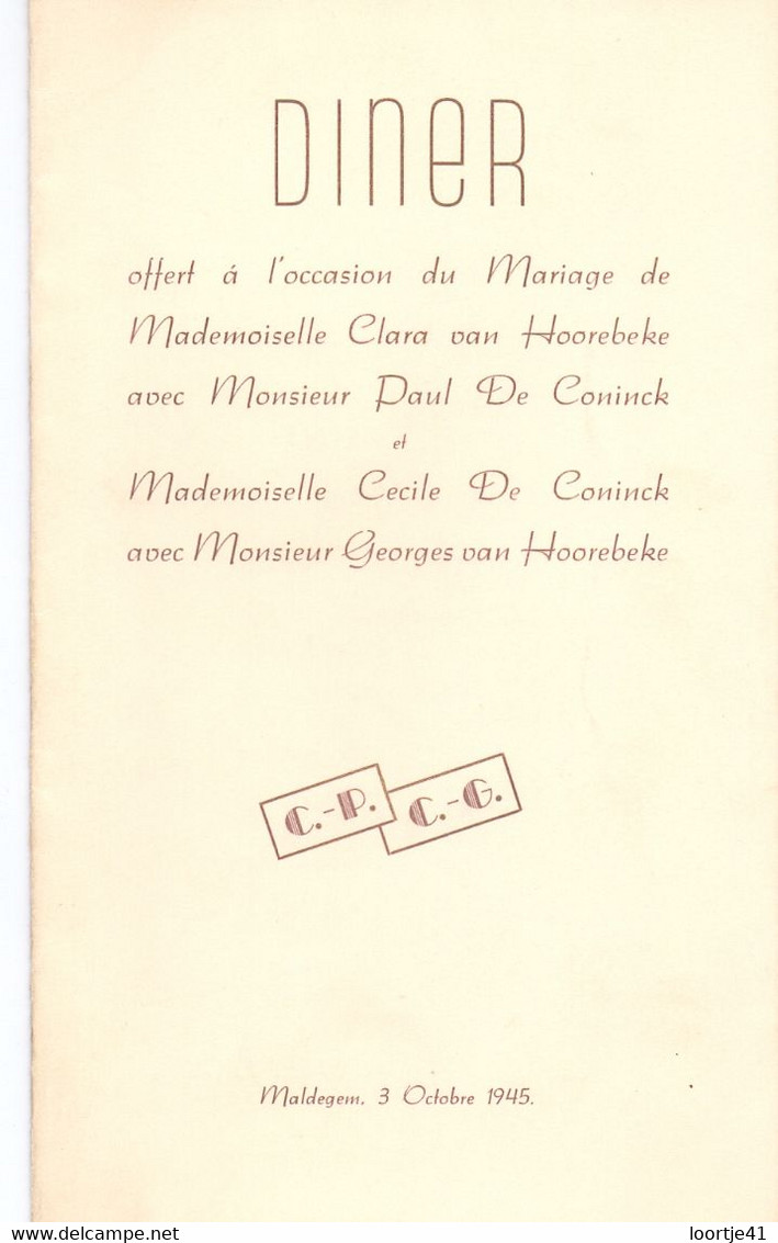 Menu - Maldegem - Diner Mariage Clara Van Hoorebeke X Paul De Coninck & Cecile De Coninck X Georges Van Hoorebeke - 1945 - Menus
