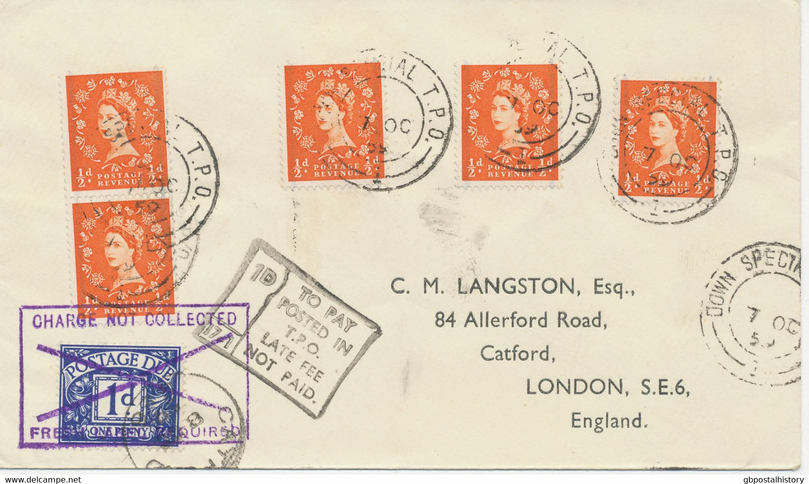 GB 1959, QEII 1/2d (5x) As Well As Postage Due 1d On Very Rare Very Fine Railway-K2 "DOWN SPECIAL T.P.O.", Black. RA5 - Lettres & Documents